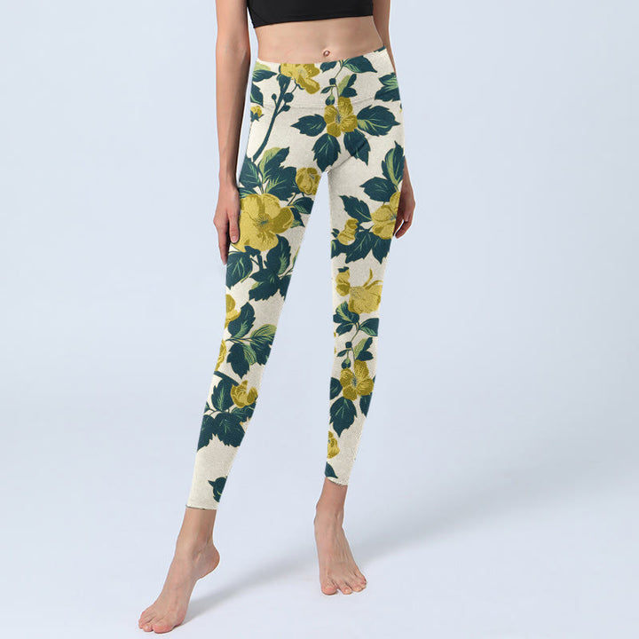 Leggings da palestra con stampa di Buddha Stones, fiori gialli, foglie verdi, pantaloni da yoga da donna