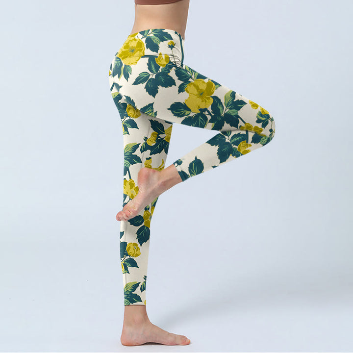 Leggings da palestra con stampa di Buddha Stones, fiori gialli, foglie verdi, pantaloni da yoga da donna