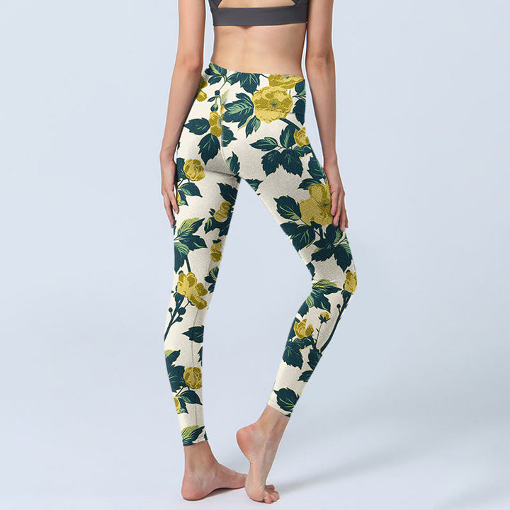 Leggings da palestra con stampa di Buddha Stones, fiori gialli, foglie verdi, pantaloni da yoga da donna