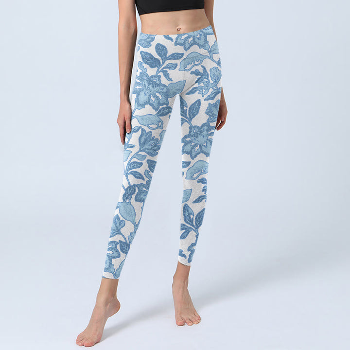 Leggings sportivi da fitness con stampa di fiori blu pallido Buddha Stones, pantaloni da yoga da donna