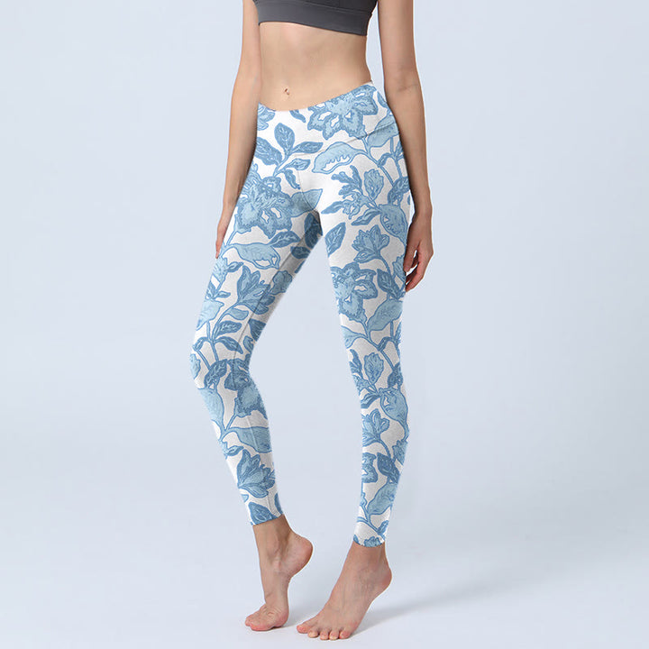 Leggings sportivi da fitness con stampa di fiori blu pallido Buddha Stones, pantaloni da yoga da donna