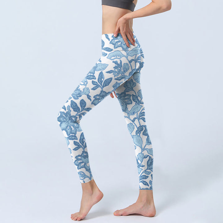 Leggings sportivi da fitness con stampa di fiori blu pallido Buddha Stones, pantaloni da yoga da donna