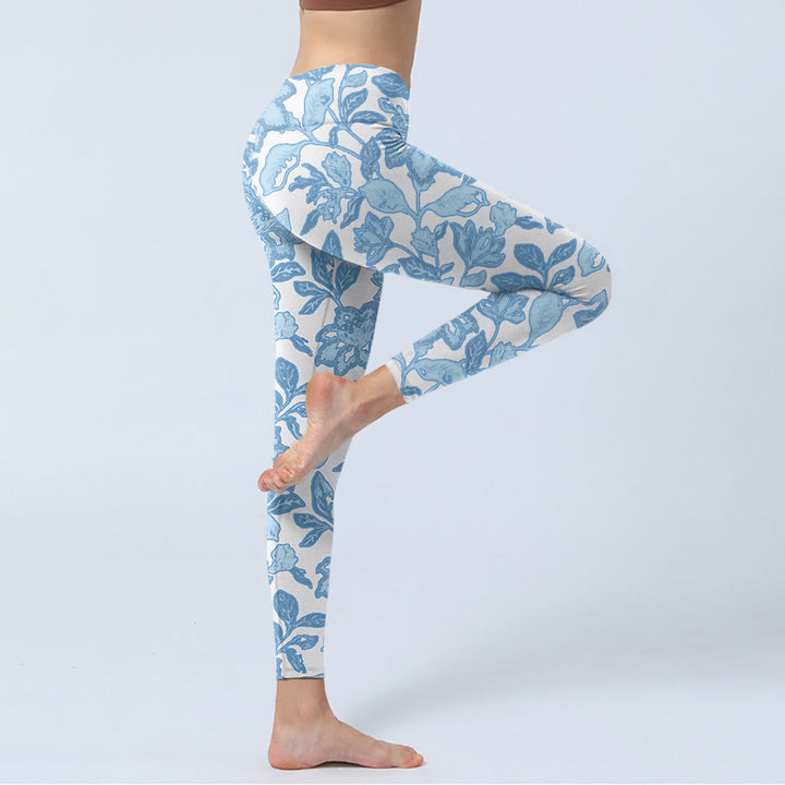 Leggings sportivi da fitness con stampa di fiori blu pallido Buddha Stones, pantaloni da yoga da donna