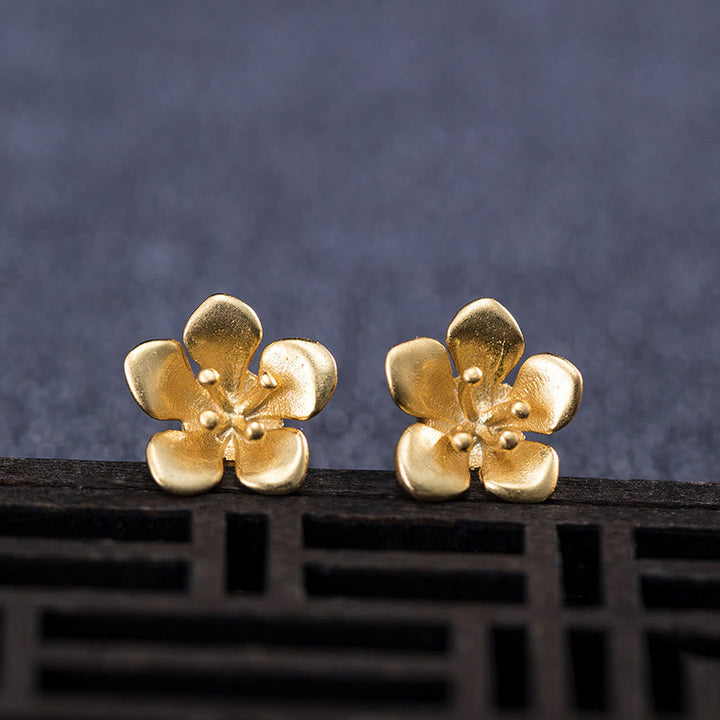 Orecchini Buddha Stones in argento sterling 925 con fiori di pesco dorati