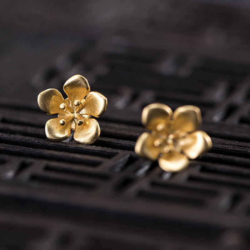 Orecchini Buddha Stones in argento sterling 925 con fiori di pesco dorati