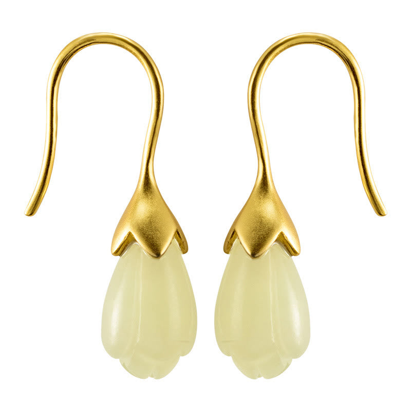 Orecchini pendenti Buddha Stones in argento sterling 925 con giada Hetian e magnolia