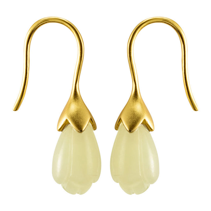 Orecchini pendenti Buddha Stones in argento sterling 925 con giada Hetian e magnolia
