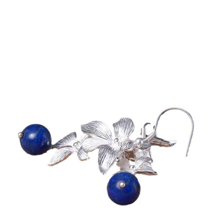 Orecchini pendenti positivi in stile etnico con fiori in argento sterling 925 e lazurite Buddha Stones