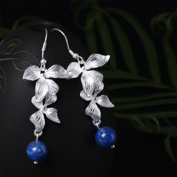 Orecchini pendenti positivi in stile etnico con fiori in argento sterling 925 e lazurite Buddha Stones