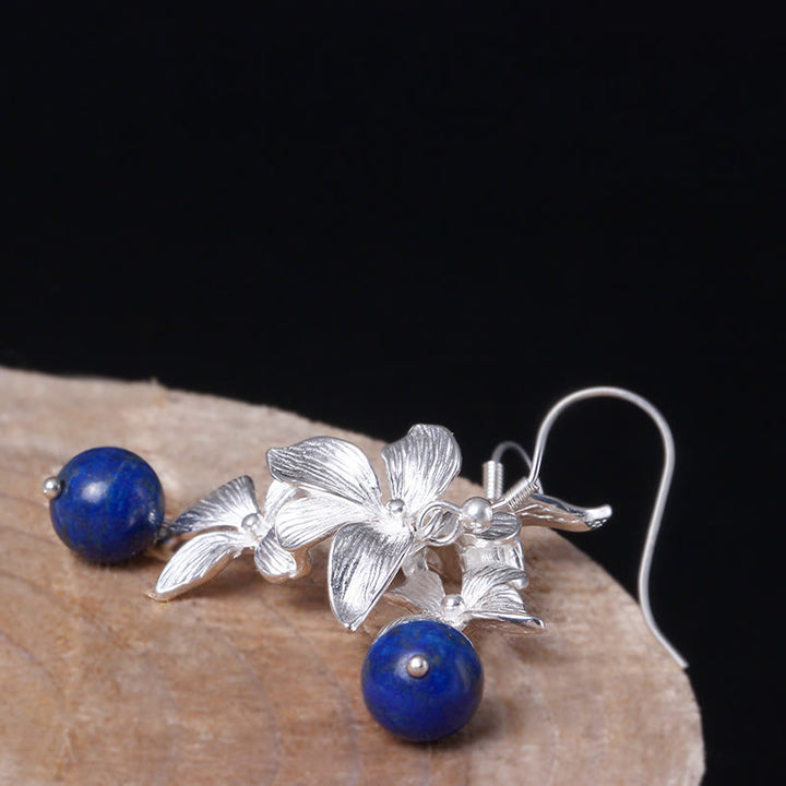 Orecchini pendenti positivi in stile etnico con fiori in argento sterling 925 e lazurite Buddha Stones
