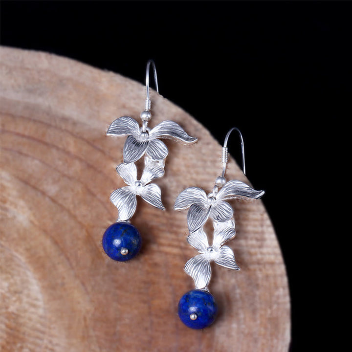 Orecchini pendenti positivi in stile etnico con fiori in argento sterling 925 e lazurite Buddha Stones
