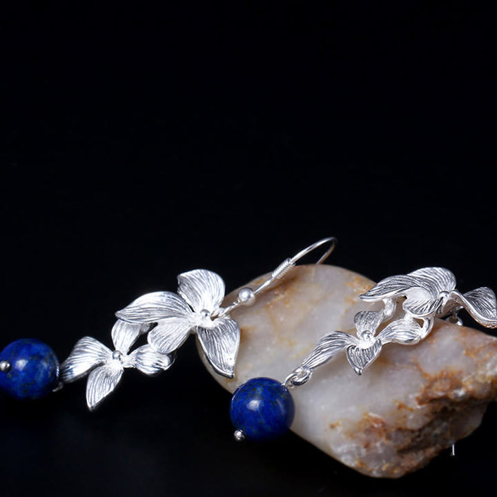 Orecchini pendenti positivi in stile etnico con fiori in argento sterling 925 e lazurite Buddha Stones