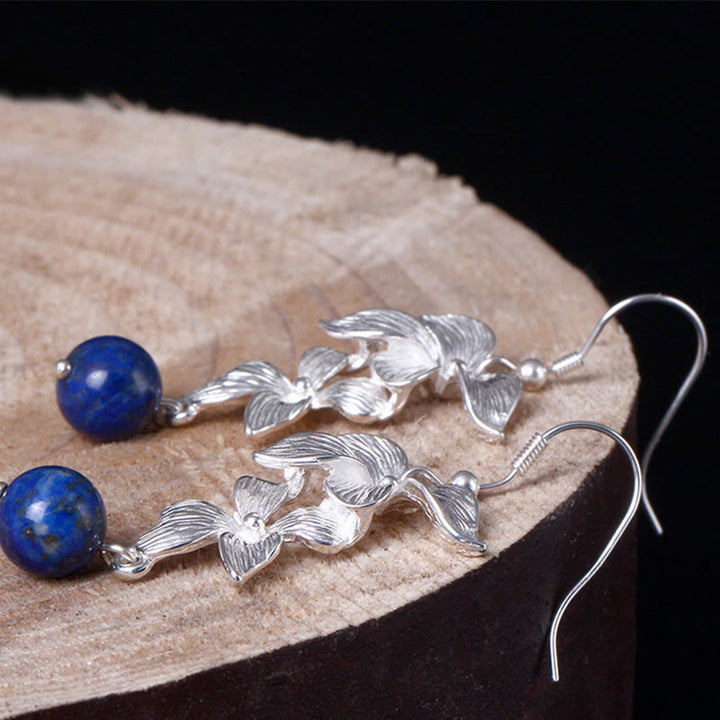 Orecchini pendenti positivi in stile etnico con fiori in argento sterling 925 e lazurite Buddha Stones