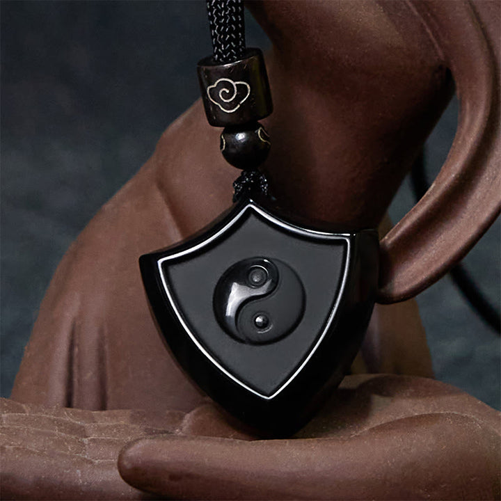 Buddha Stones Scudo di ossidiana nera Modello Simbolo Yin Yang Forza Collana Pendente - image 3