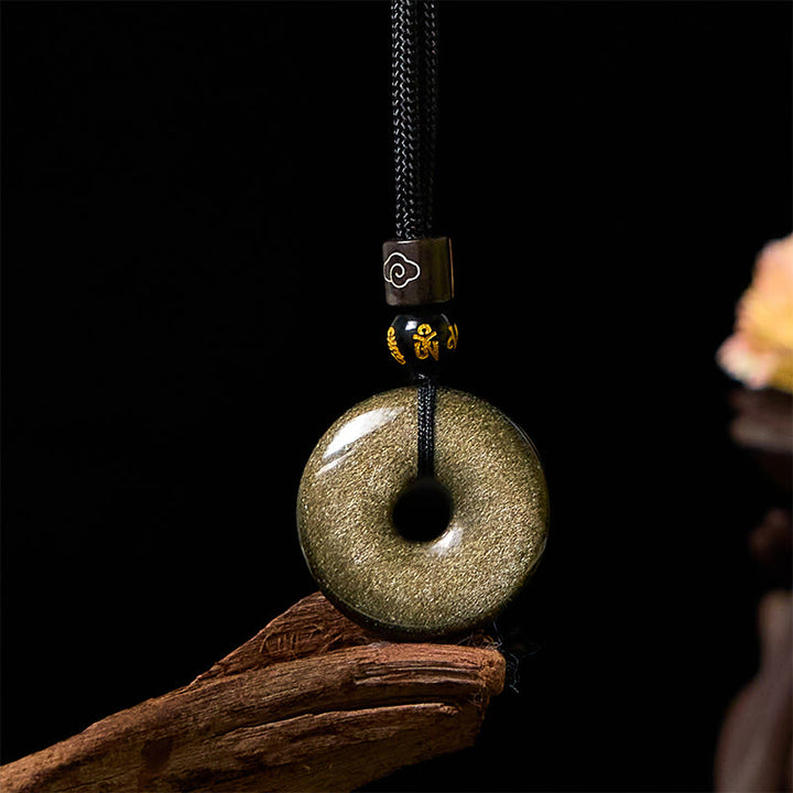 Buddha Stones Collana pendente con fibbia della pace in ossidiana naturale lucidata in oro