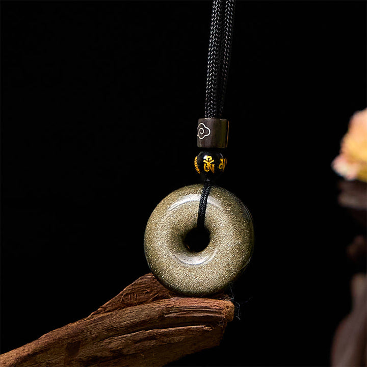 Buddha Stones Collana pendente con fibbia della pace in ossidiana naturale lucidata in oro