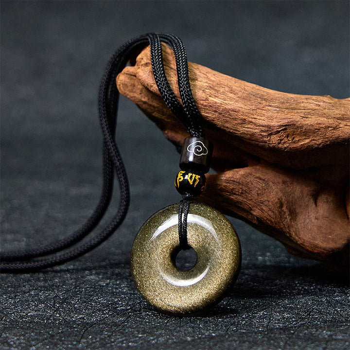 Buddha Stones Collana pendente con fibbia della pace in ossidiana naturale lucidata in oro