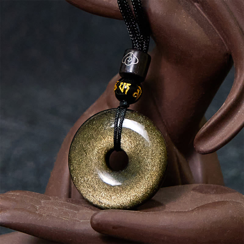 Buddha Stones Collana pendente con fibbia della pace in ossidiana naturale lucidata in oro