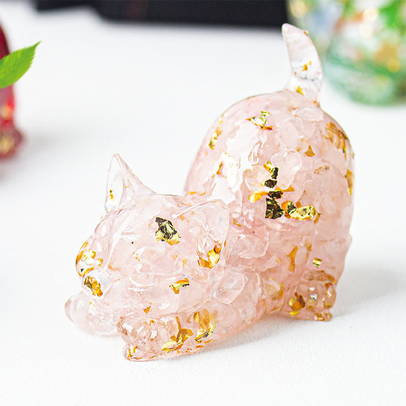 Buddha Stones Decorazione per meditazione con gatto che si stira, resina, cristalli e ghiaia. - Cristallo rosa - 4,5*3*4,2 cm - image 2