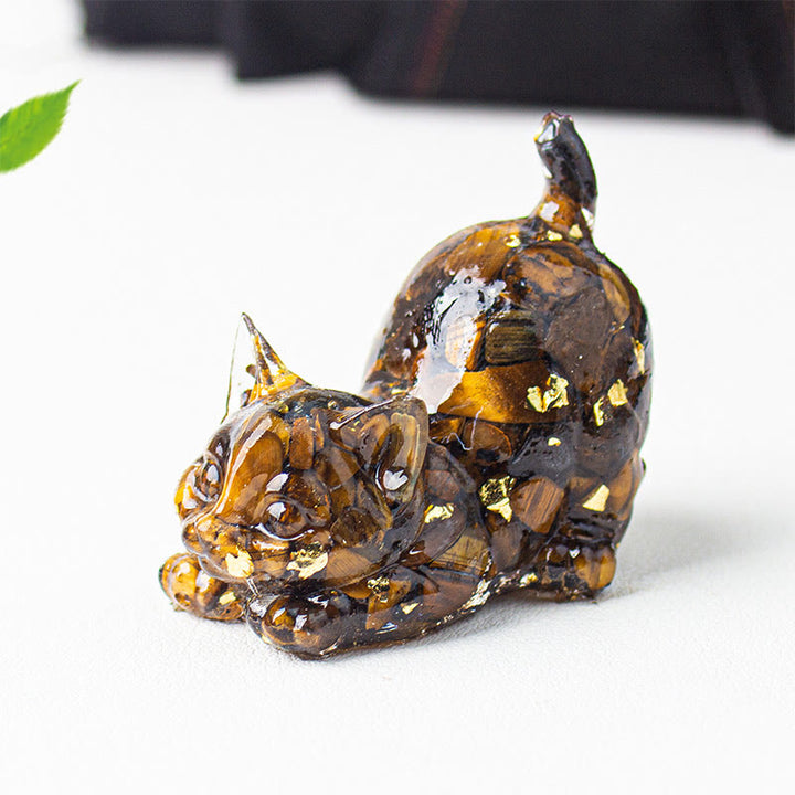 Buddha Stones Decorazione per meditazione con gatto che si stira, resina, cristalli e ghiaia. - Occhio di tigre - 4,5*3*4,2 cm - image 10