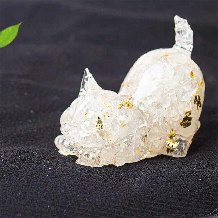 Buddha Stones Decorazione per meditazione con gatto che si stira, resina, cristalli e ghiaia. - Cristallo bianco - 4,5*3*4,2 cm - image 14