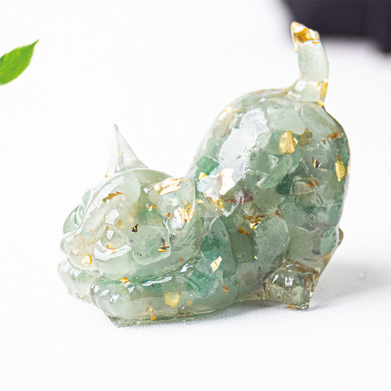 Buddha Stones Decorazione per meditazione con gatto che si stira, resina, cristalli e ghiaia. - Avventurina verde - 4,5*3*4,2 cm - image 17