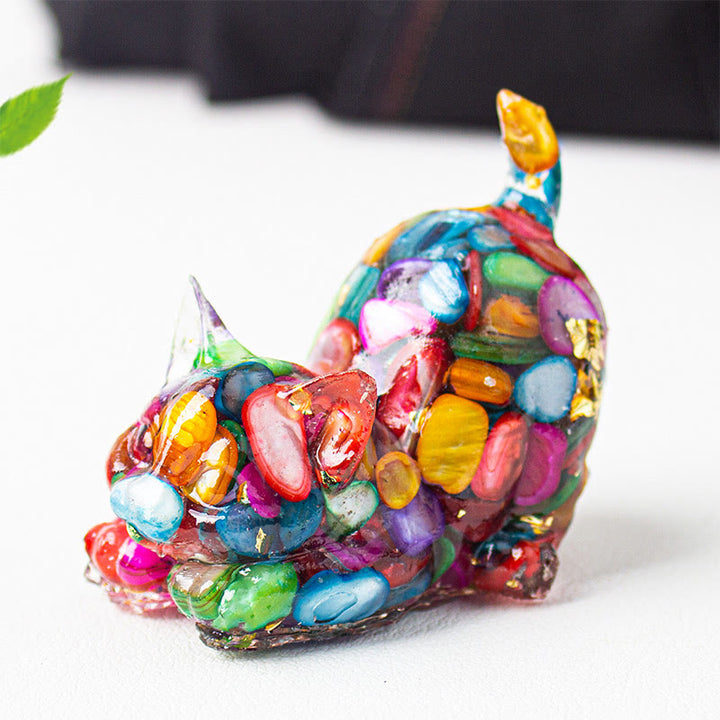 Buddha Stones Decorazione per meditazione con gatto che si stira, resina, cristalli e ghiaia. - conchiglia colorata - 4,5*3*4,2 cm - image 25