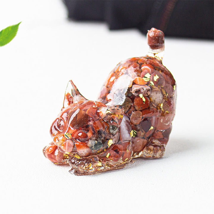 Buddha Stones Decorazione per meditazione con gatto che si stira, resina, cristalli e ghiaia. - Agata rossa - 4,5*3*4,2 cm - image 23