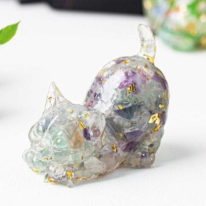 Buddha Stones Decorazione per meditazione con gatto che si stira, resina, cristalli e ghiaia. - Fluorite - 4,5*3*4,2 cm - image 28