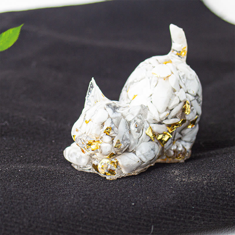 Buddha Stones Decorazione per meditazione con gatto che si stira, resina, cristalli e ghiaia. - Turchese bianco - 4,5*3*4,2 cm - image 30