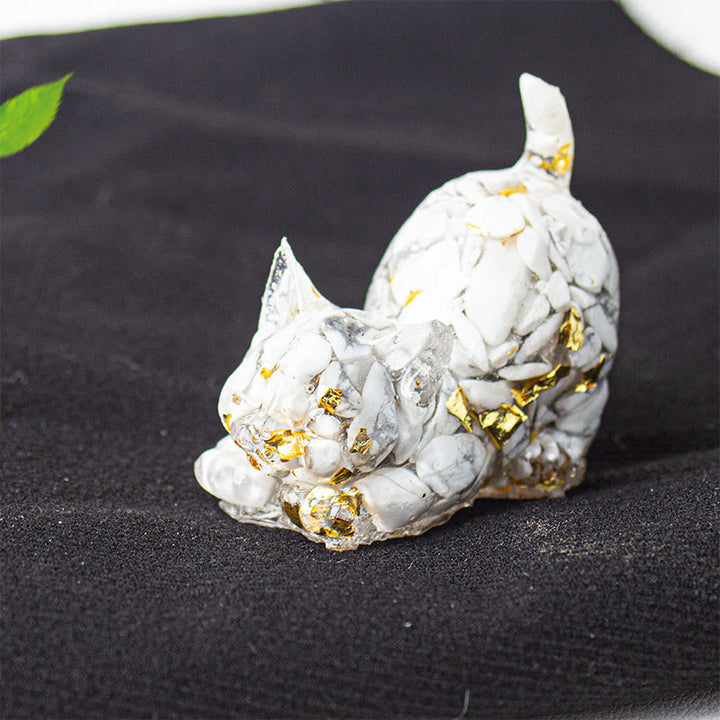 Buddha Stones Decorazione per meditazione con gatto che si stira, resina, cristalli e ghiaia. - Turchese bianco - 4,5*3*4,2 cm - image 30
