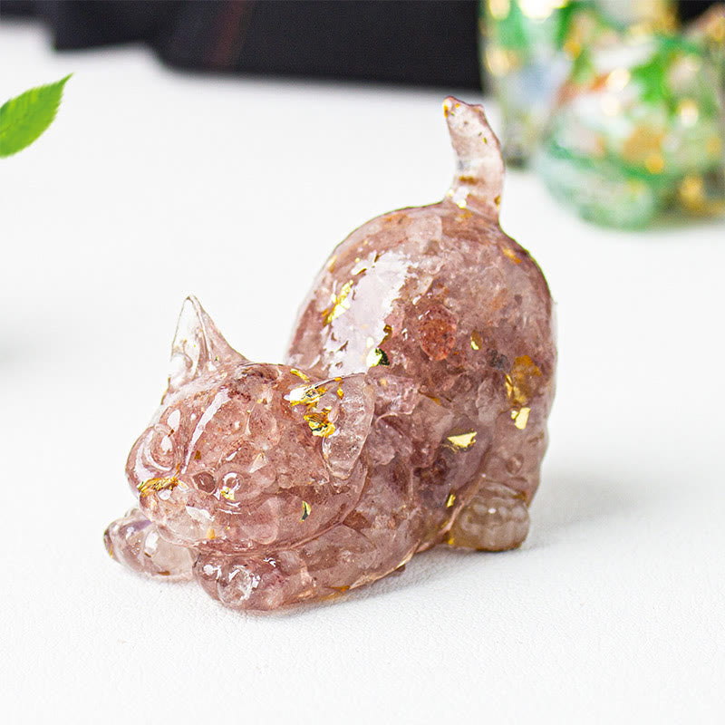 Buddha Stones Decorazione per meditazione con gatto che si stira, resina, cristalli e ghiaia. - Quarzo Fragola - 4,5*3*4,2 cm - image 26