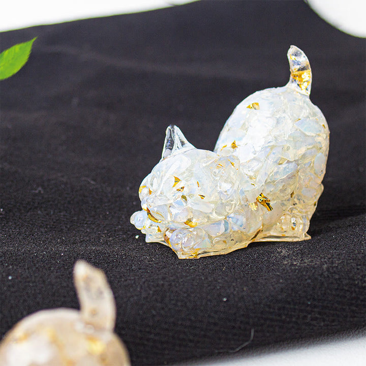 Buddha Stones Decorazione per meditazione con gatto che si stira, resina, cristalli e ghiaia. - Opale - 4,5*3*4,2 cm - image 34