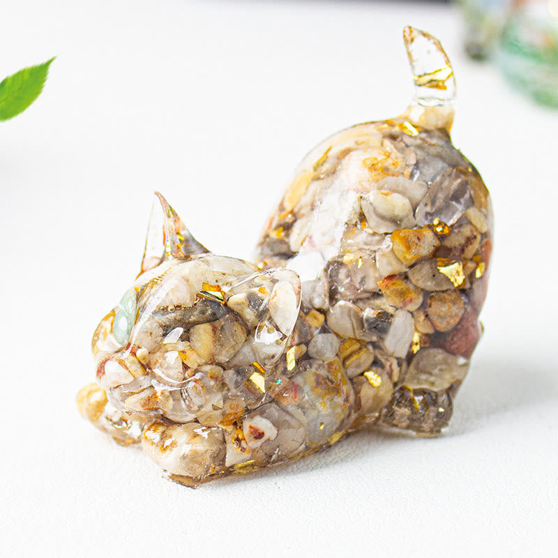 Buddha Stones Decorazione per meditazione con gatto che si stira, resina, cristalli e ghiaia. - Agata - 4,5*3*4,2 cm - image 41