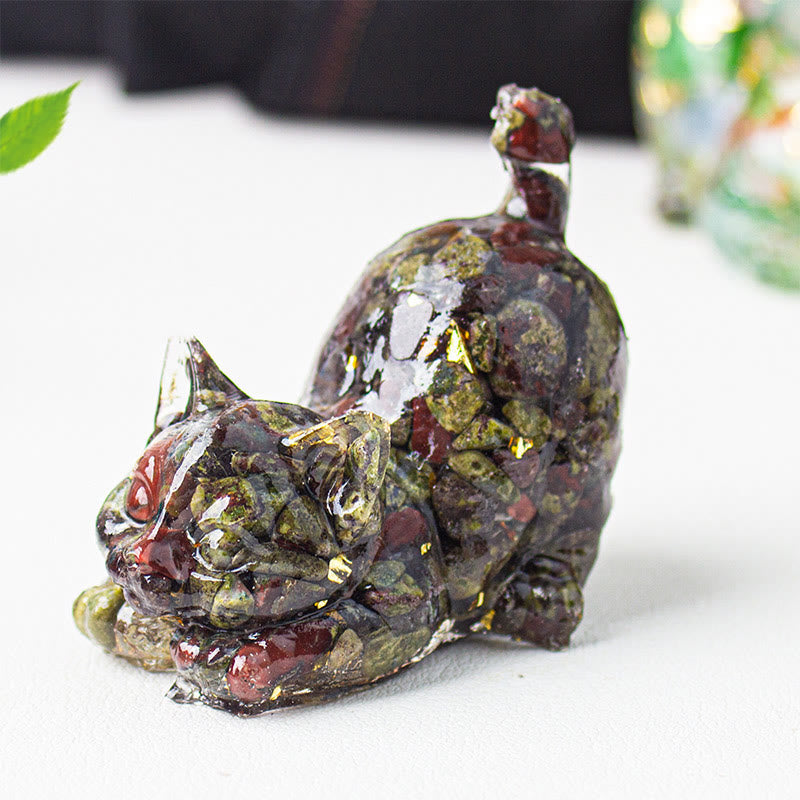 Buddha Stones Decorazione per meditazione con gatto che si stira, resina, cristalli e ghiaia. - Diaspro Sangue di Drago - 4,5*3*4,2 cm - image 39