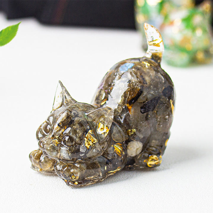 Buddha Stones Decorazione per meditazione con gatto che si stira, resina, cristalli e ghiaia. - Labradorite nera - 4,5*3*4,2 cm - image 46