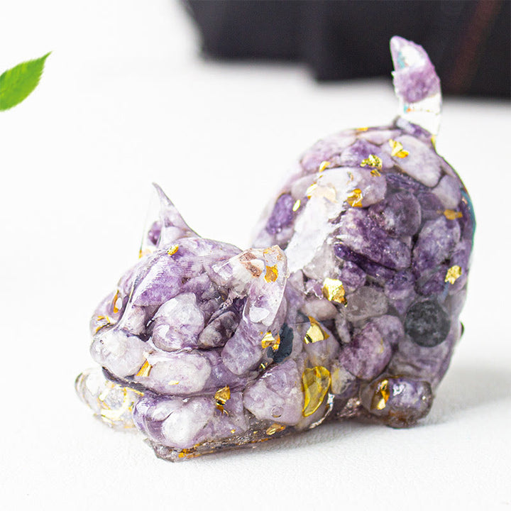 Buddha Stones Decorazione per meditazione con gatto che si stira, resina, cristalli e ghiaia. - Lepidolite - 4,5*3*4,2 cm - image 50