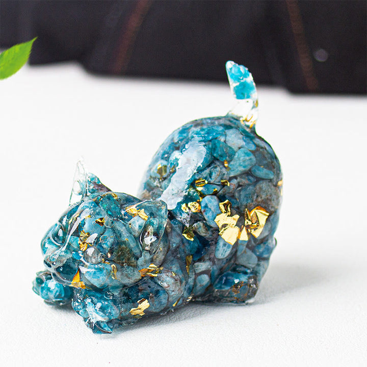 Buddha Stones Decorazione per meditazione con gatto che si stira, resina, cristalli e ghiaia. - Apatite blu - 4,5*3*4,2 cm - image 48
