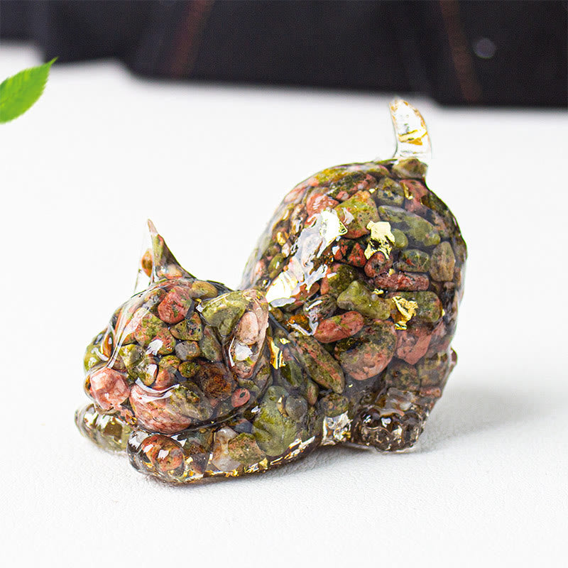 Buddha Stones Decorazione per meditazione con gatto che si stira, resina, cristalli e ghiaia. - Unakite - 4,5*3*4,2 cm - image 43