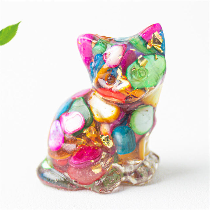 Buddha Stones Gatto seduto in resina, ghiaia, cristallo rosa, citrino, cristallo bianco, lapislazzuli, rilassante decorazione da scrivania - conchiglia colorata - Circa 3,2*3,3*4 cm - image 11