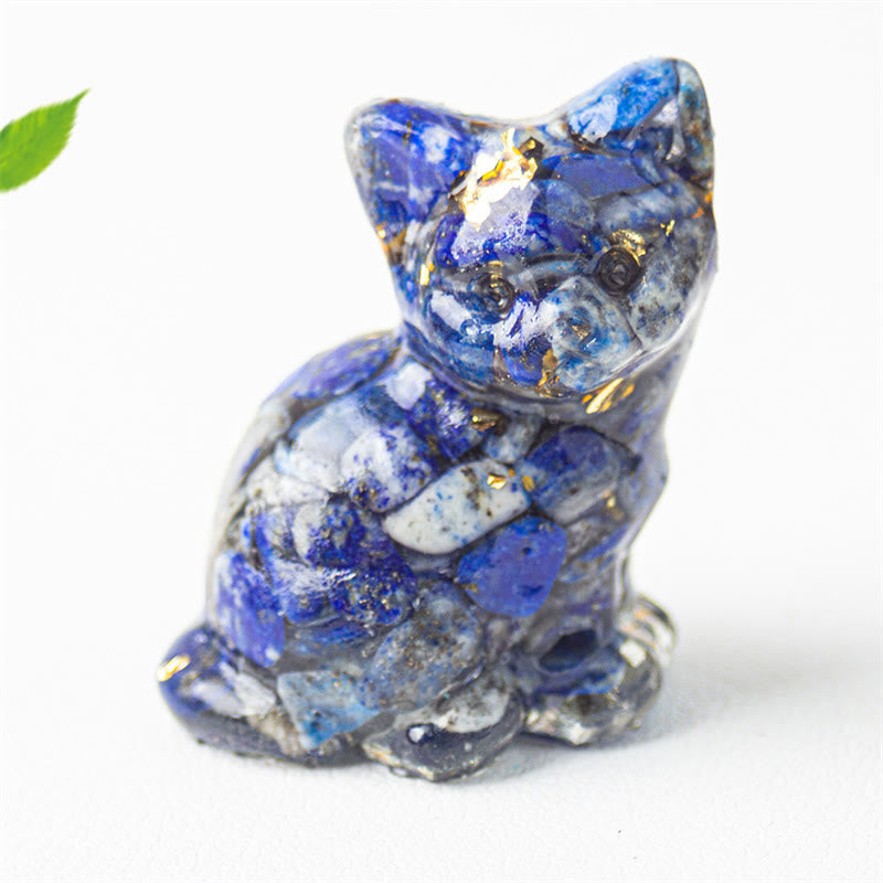 Buddha Stones Gatto seduto in resina, ghiaia, cristallo rosa, citrino, cristallo bianco, lapislazzuli, rilassante decorazione da scrivania - Lapislazzuli - Circa 3,2*3,3*4 cm - image 9