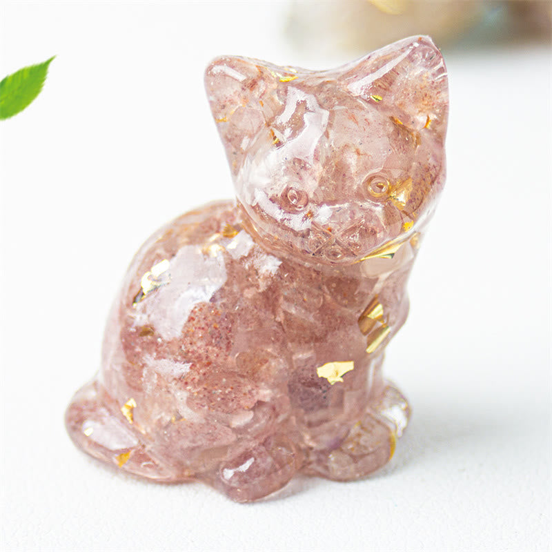Buddha Stones Gatto seduto in resina, ghiaia, cristallo rosa, citrino, cristallo bianco, lapislazzuli, rilassante decorazione da scrivania - Quarzo Fragola - Circa 3,2*3,3*4 cm - image 12