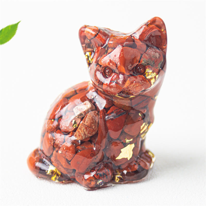 Buddha Stones Gatto seduto in resina, ghiaia, cristallo rosa, citrino, cristallo bianco, lapislazzuli, rilassante decorazione da scrivania - Diaspro rosso - Circa 3,2*3,3*4 cm - image 14