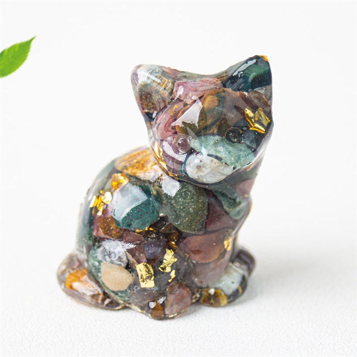 Buddha Stones Gatto seduto in resina, ghiaia, cristallo rosa, citrino, cristallo bianco, lapislazzuli, rilassante decorazione da scrivania - Diaspro sedimentario marino - Circa 3,2*3,3*4 cm - image 34
