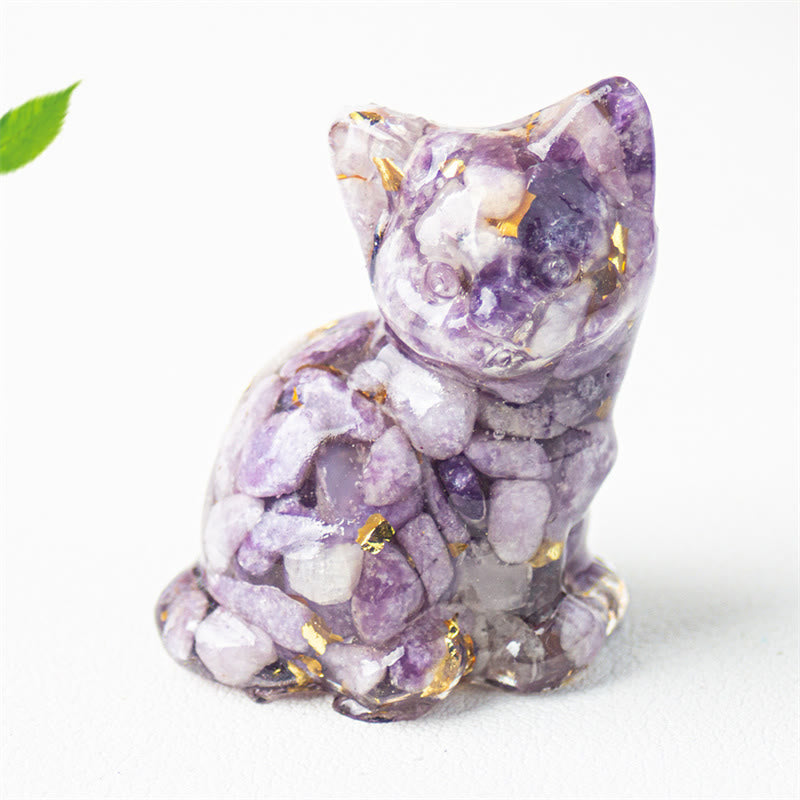 Buddha Stones Gatto seduto in resina, ghiaia, cristallo rosa, citrino, cristallo bianco, lapislazzuli, rilassante decorazione da scrivania - Lepidolite - Circa 3,2*3,3*4 cm - image 39