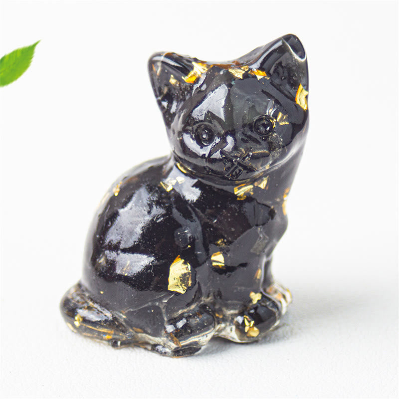 Buddha Stones Gatto seduto in resina, ghiaia, cristallo rosa, citrino, cristallo bianco, lapislazzuli, rilassante decorazione da scrivania - Ossidiana nera - Circa 3,2*3,3*4 cm - image 37