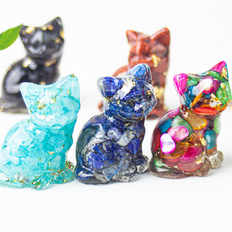 Buddha Stones Gatto seduto in resina, ghiaia, cristallo rosa, citrino, cristallo bianco, lapislazzuli, rilassante decorazione da scrivania - image 0