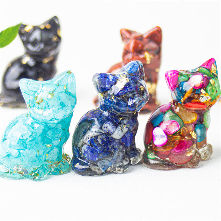 Buddha Stones Gatto seduto in resina, ghiaia, cristallo rosa, citrino, cristallo bianco, lapislazzuli, rilassante decorazione da scrivania - image 0