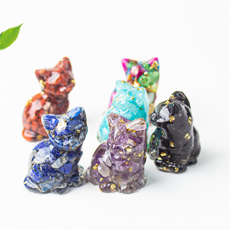 Buddha Stones Gatto seduto in resina, ghiaia, cristallo rosa, citrino, cristallo bianco, lapislazzuli, rilassante decorazione da scrivania - image 48