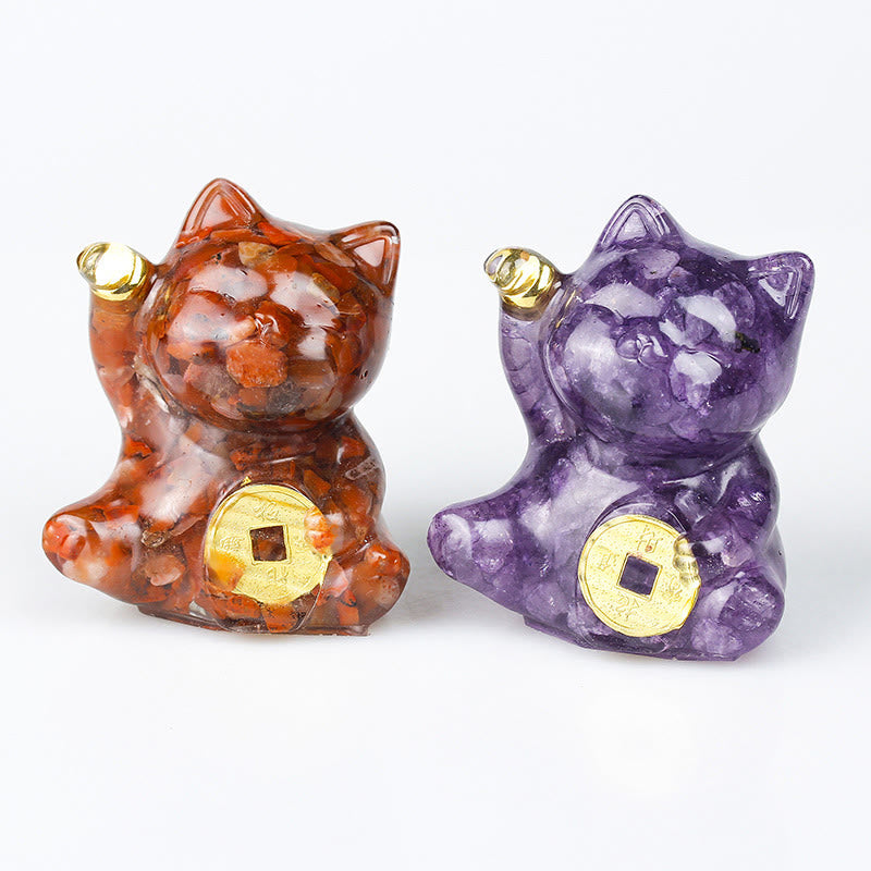 Buddha Stones Gatto portafortuna moneta di rame turchese labradorite cristallo rosa ametista forza decorazione per la casa - image 0